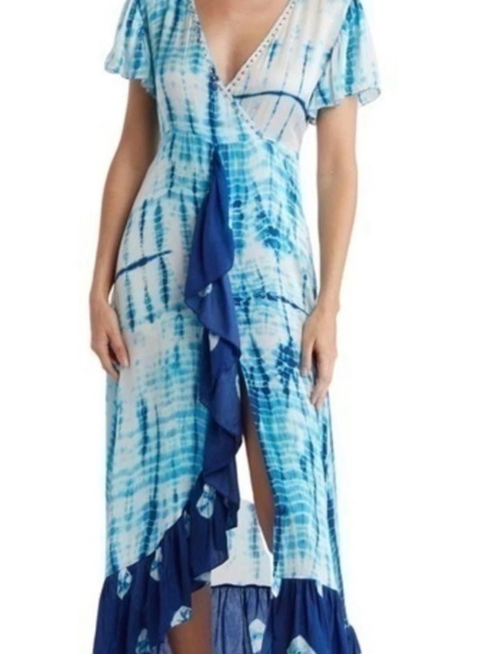 Blue Tie-Dye Midi Dress with Ruffle Front AREA STARS
